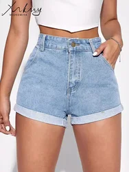 MiuKoMiYa-pantalones vaqueros cortos de cintura alta para mujer, Vaqueros rectos, color azul, verano, 2025, short mujer, pantalones cortos mujer, short mezclilla de mujer