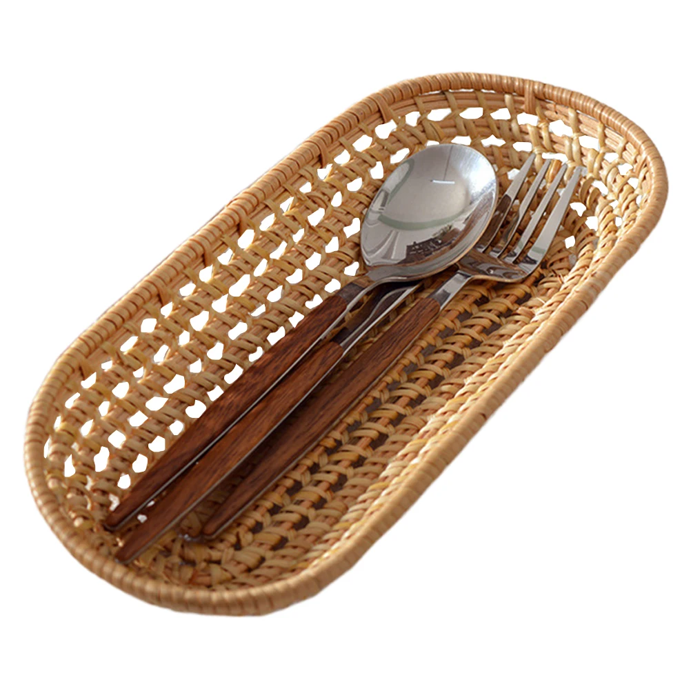 

1Pcs Handmade Rattan Plate Basket Natural Woven Towel Tray Organizer for Dishes Cups Bowls Chopsticks Bread Snacks Compostable