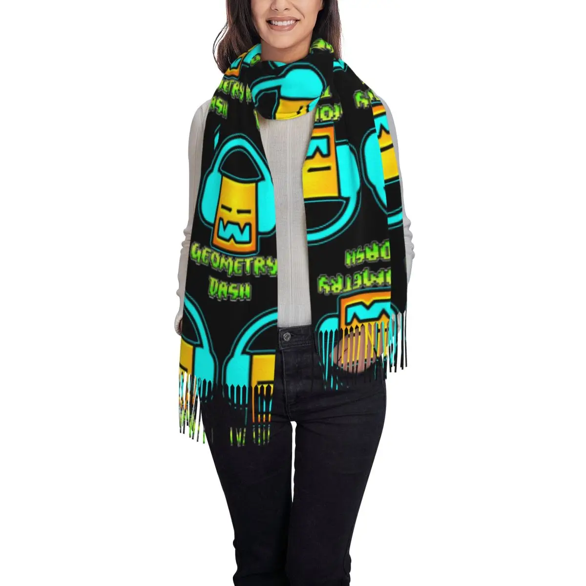 Geometry Dash Game Music Cute Geometric Scarf Tassel Scarves Women Soft Warm Shawls and Wraps Long Fall Winter Shawl Wrap