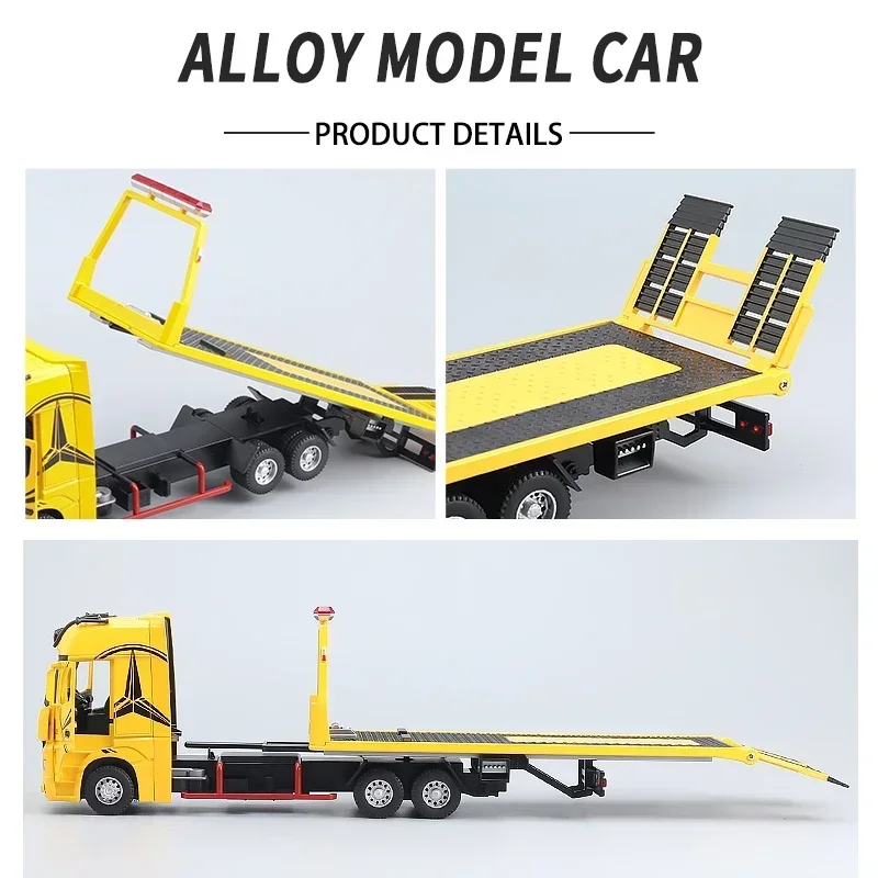 1:24 Mercedes Benz 1851 Flatbed Trailer Truck Alloy Diecast Model Car Equipped Vehicle Simulation Sound Light Toy For Kids C514