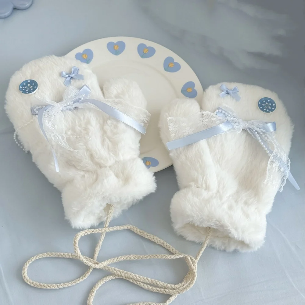 قفازات مغطاة بالكامل بأزرار على شكل فيونكة زرقاء ثلجية، قفازات لف الرقبة للشتاء الطازج للنساء في الهواء الطلق #3