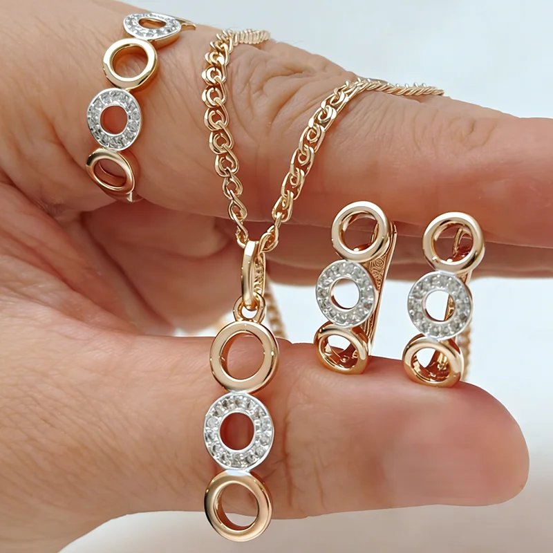 Kinel Hot 585 Rose Gold Silver Color Mix Wedding Jewelry Sets Natural Zircon Ring Earrings Necklace for Women Daily Fine Jewelry