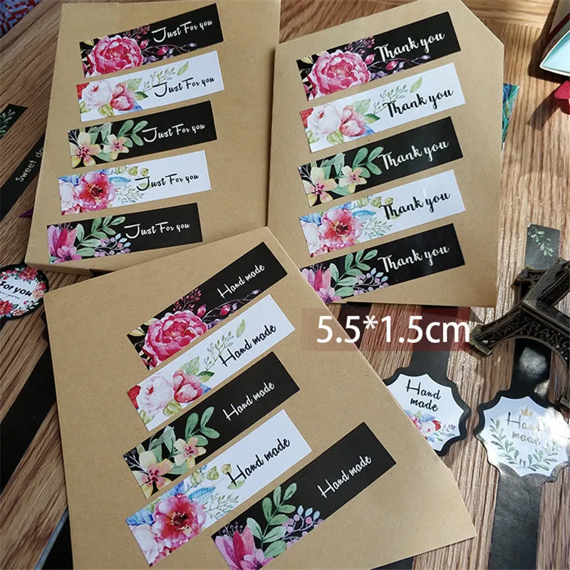 50pcs Creative Flower Sticker rectangle shape with blessing words sticker Self-Adhesive DIY Gifts Baking Decor Package Label