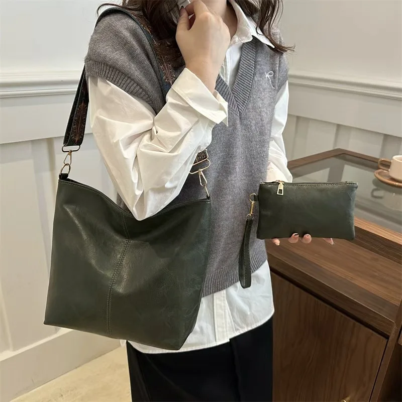Damen-Eimer-Einkaufstaschen-Set aus Retro-PU-Material, verstellbarer breiter Riemen für den täglichen Bedarf, mit modischem Reißverschluss und Polyesterfutter – Detail 28