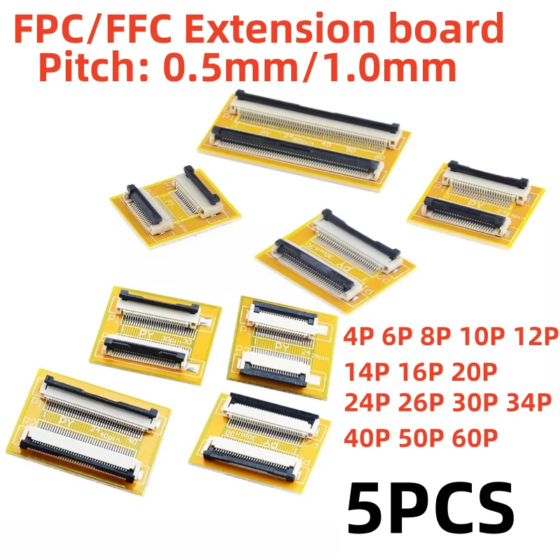 

5PCS FPC FFC Flexible Flat Cable Extension Board With Connector 0.5mm 1.0mm Pitch 6 8 10 12 14 20 24 26 30 40 50 60PIN Connector