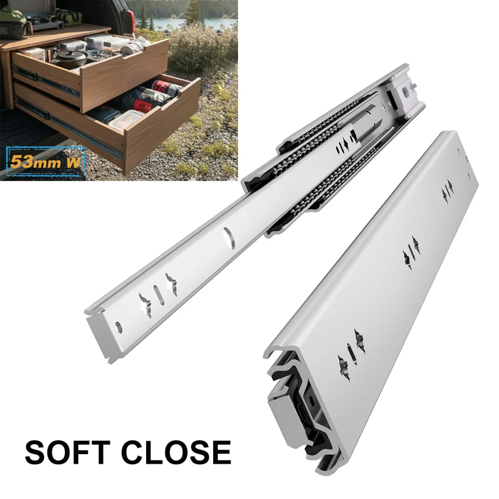 

Soft Close Heavy Duty Drawer Slides 53mm Wide Up To 120kg Load Capacity 3-fold Full Extension Ball Bearing Side Mount 1-pair