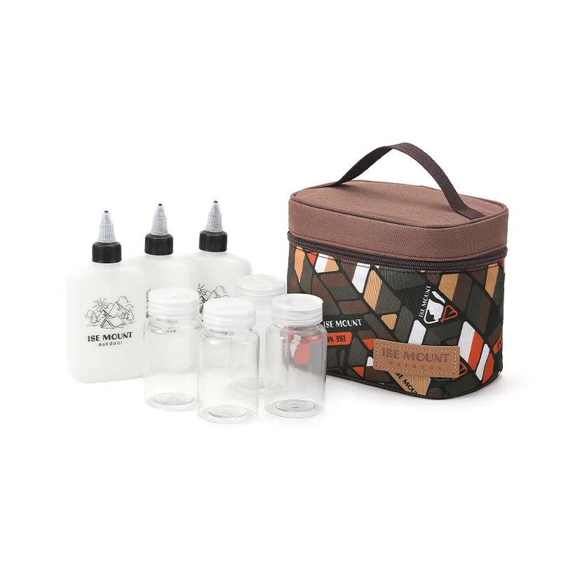 حقيبة تخزين توابل خارجية مكونة من 7 قطع، حقيبة تخزين زجاجات توابل للتخييم، مجموعة جرة توابل، حقيبة مستحضرات تجميل محمولة