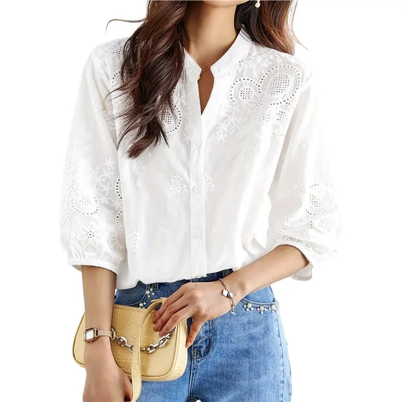 

CYL-Women's Embroidered 3/4 Sleeve V-Neck Blouse Elegant Solid Color Button Down Casual Top