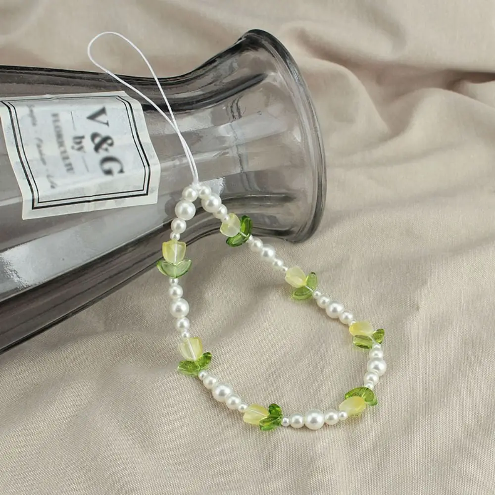 

Pearl Bead Tulip Bead Phone Charm Strap Glass Flower Tulip Mobile Phone Chain Sweet Colorful Flowers Beaded Cellphone Strap