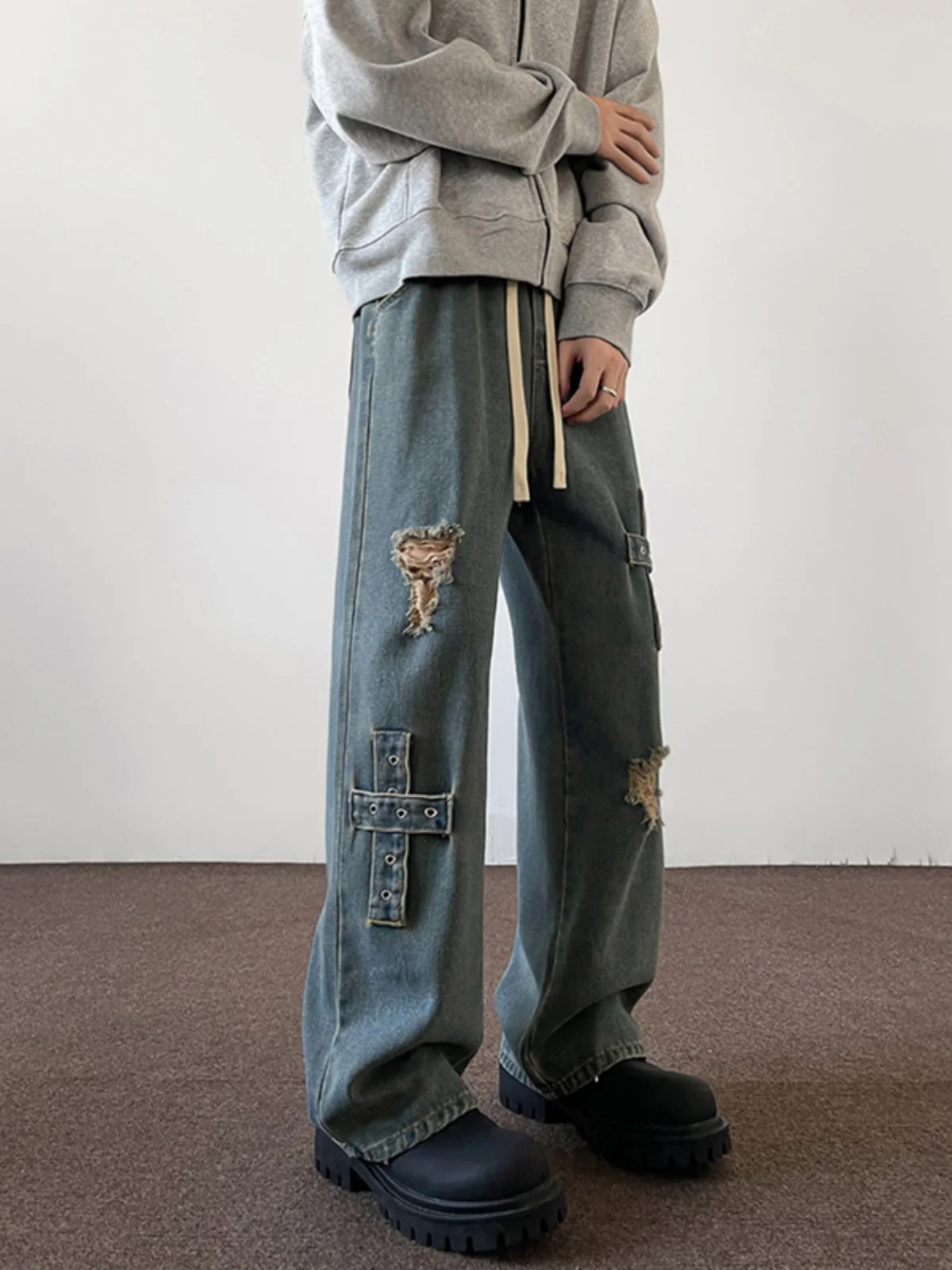 

Men's Faionable Ripped Denim Jeans Straight Leg Vintage Waed Autumn Trendy Clothing Youthful Sle Long Pants Casual Wear