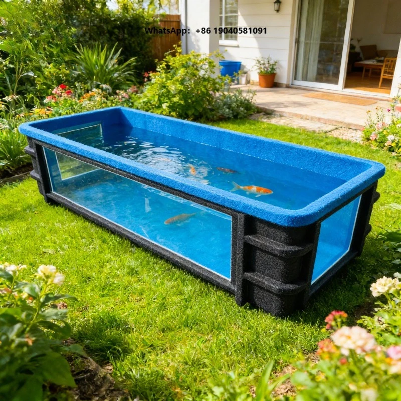Duty FRP Fiberglass Aquaculture Fish Farming Pond Outdoor Rectangular Fish Farms Tanks with Toughened Glass Observation Window