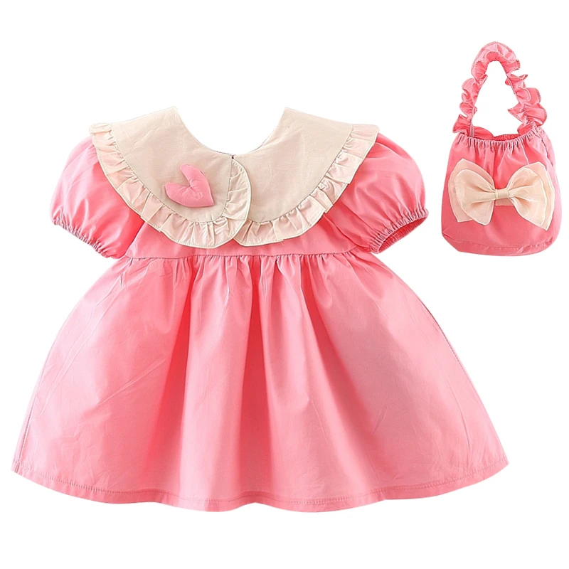 2Piece Summer Set Baby Girl Clothes Korean Cute Doll Collar Short Sleeve Cotton Princess Pink Dress+Bag Toddler Dresses BC514