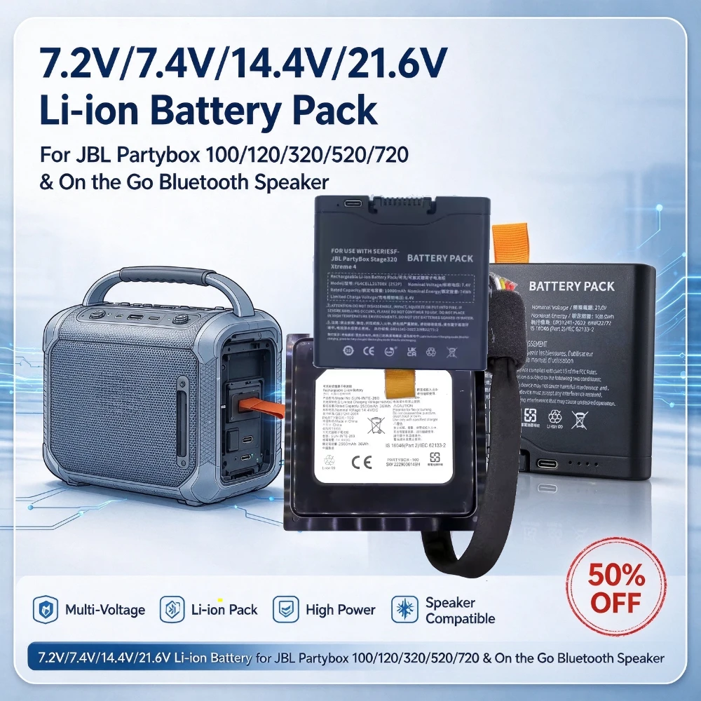 7.2V/7.4V/14.4V/21.6V Replacement Li-ion Battery Pack for JBL Partybox 100/120/320/520/720 & on The Go Bluetooth Speaker Battery