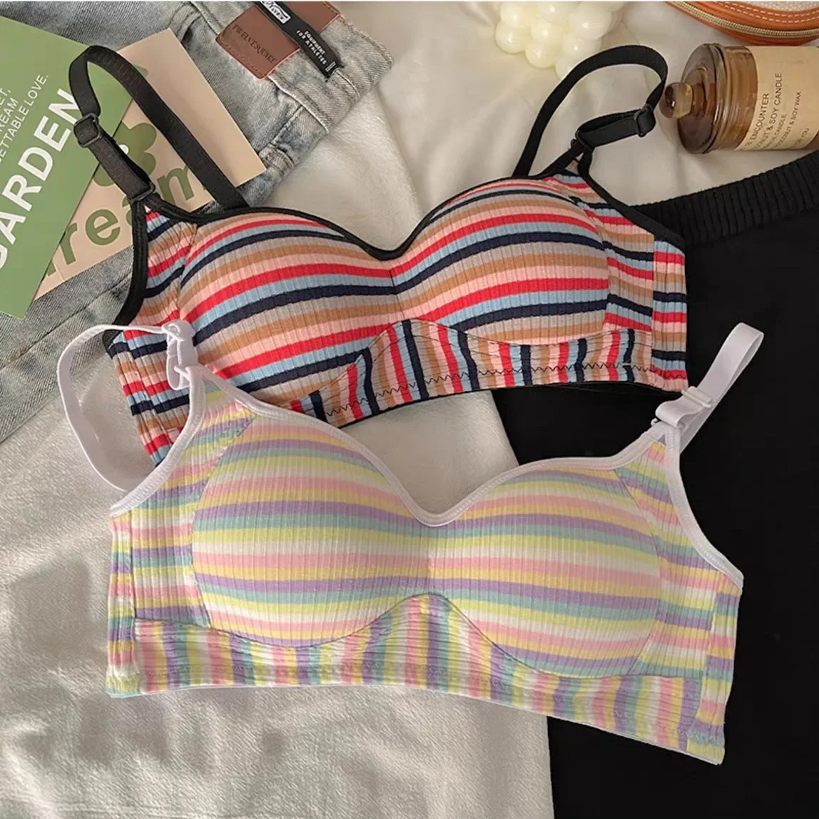 Retro Stripe Rainbow Horse Wireless Bra Thin Seamless Underwear for Teenage Girls Small Chest Gathered Comfortable Innerwear