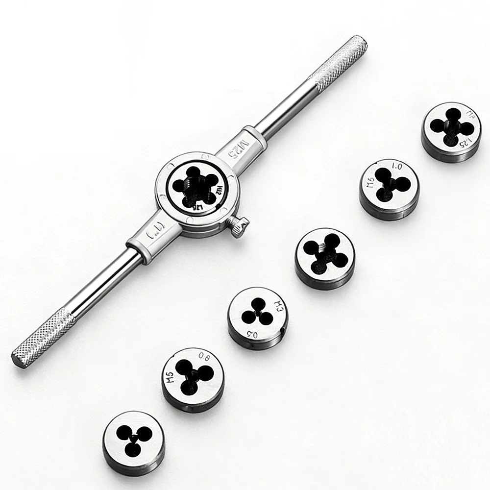 9 Pcs Metric Die Set Thread Round Dies M3-M12 with T-Handle Wrench Thread Restorer for Screw Repair & Rethreading