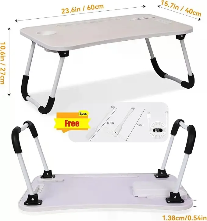 Ergonomic Laptop Stand - Portable Lap Desk, Foldable Computer Accessory with Stable Top Eases Strain, 4 USB Ports, Cooling Fan, LED Light, Cup Holder Ready, Drawer Keeps Gear, Tablet Slot, Ideal for Remote Workers, Home Office (Laptop Stands & Trays)