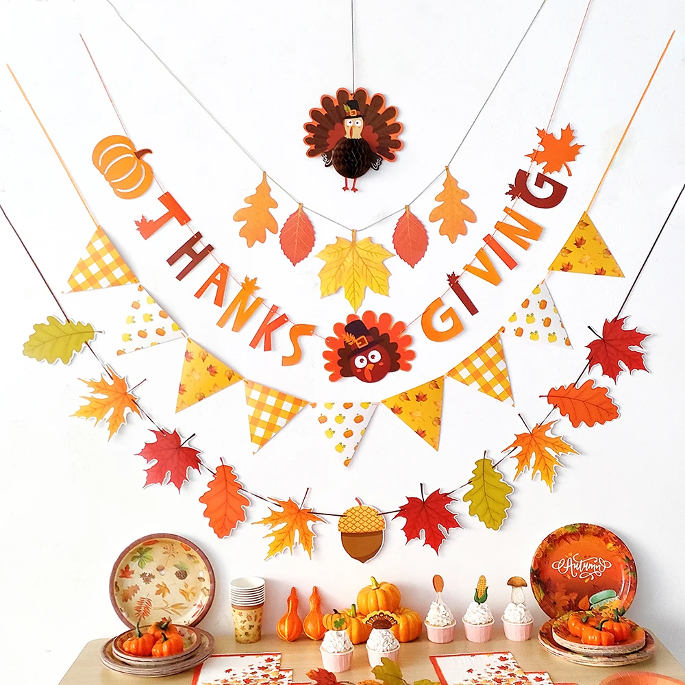 Autumn Leaves Hanging Banner Maple Pattern Paper String Garlands Turkey Pumpkin Honeycomb Ball Ornament Thanksgiving Decoration