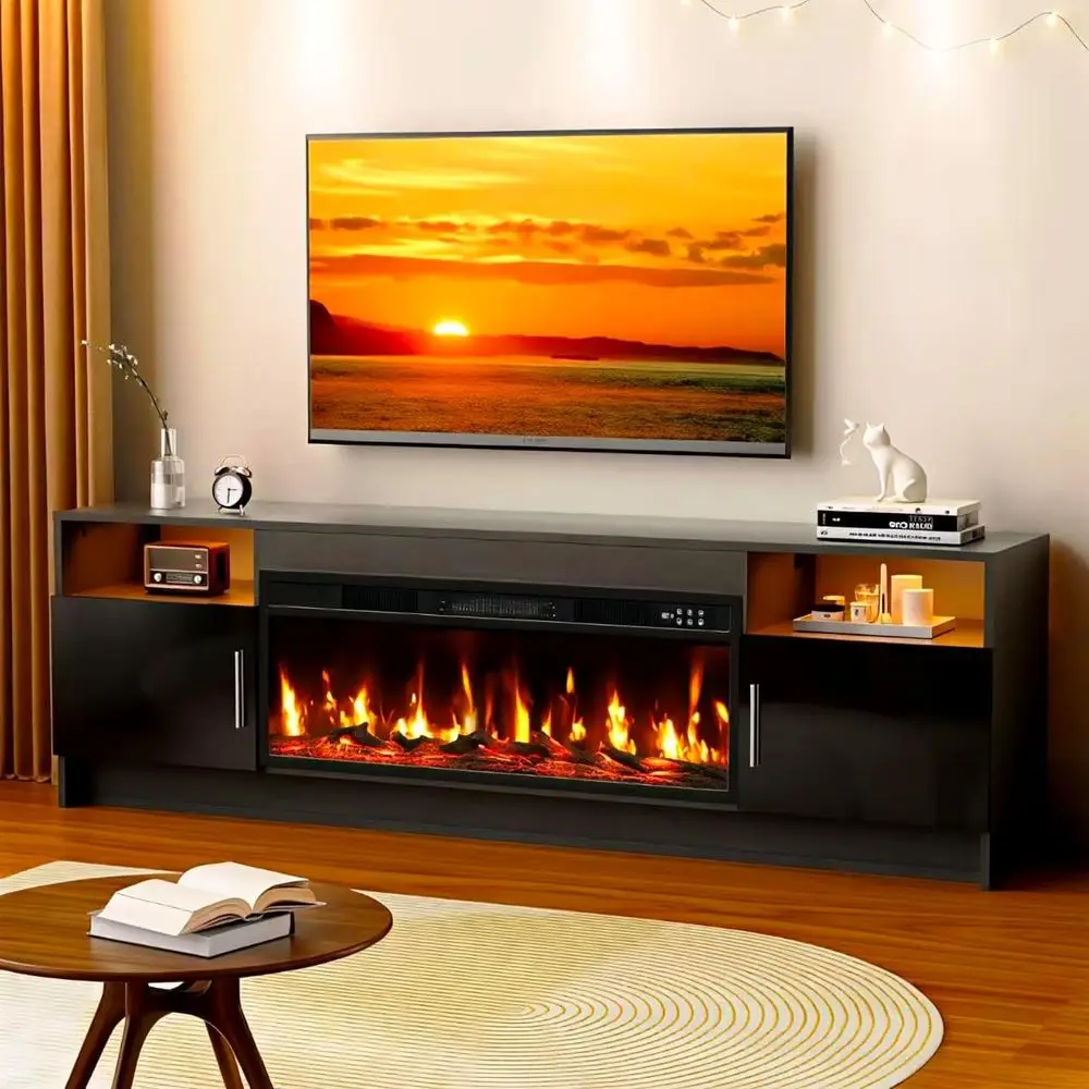 

Тумба под телевизор 70 дюймов с 3D-эффектом пламени, черный медиацентр для телевизоров 80 дюймов со светодиодной подсветкой