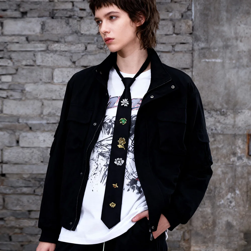 

Trendy Black Fabric Tie Alloy Flower Necklace For Women Open Adjustable Necktie Unisex Jewelry Accessory