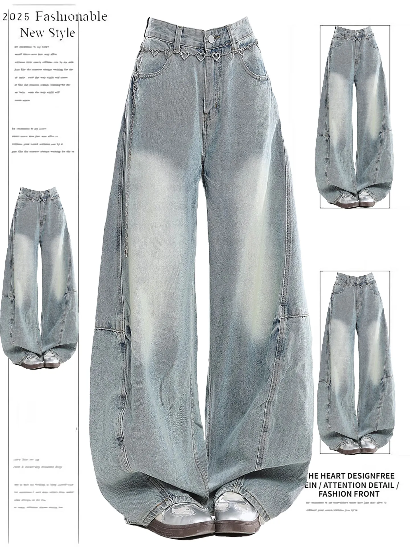 

American Retro Light Blue Jeans Women's New Large Size Loose Slimming Pants High Waist Straight Leg Casual Denim Jeans
