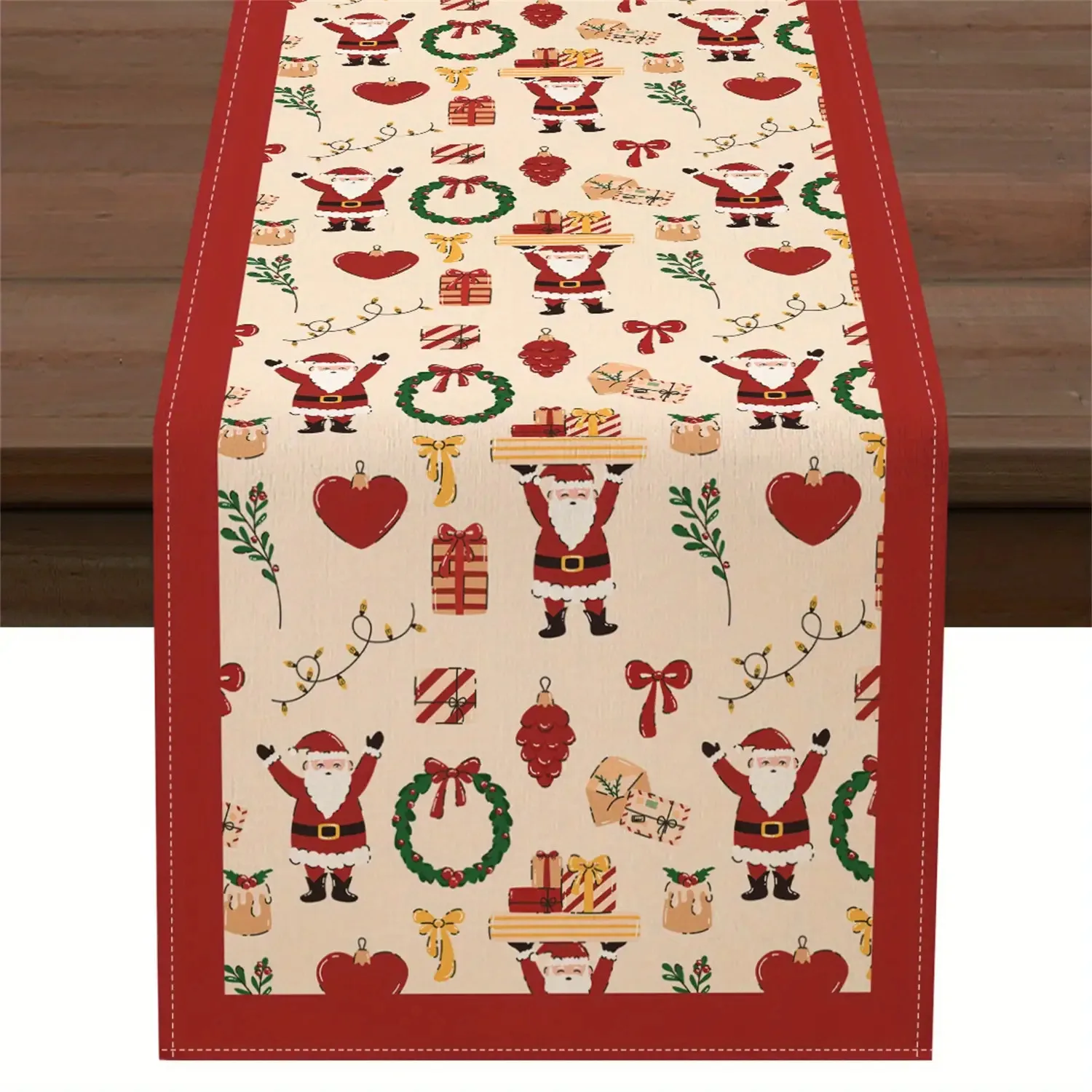 Christmas Table Runner | Red & White Striped with Santa, Reindeer & Nutcracker | Festive Seasonal Home & Dining Table Setup