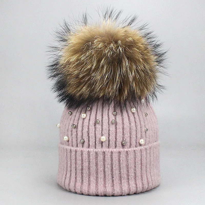 New women's winter beaded wool knitted small hat fashionable and warm casual hat with natural raccoon skin canopy hat for women