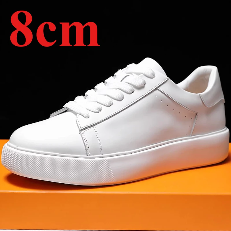 Genuine Leather White Board Shoes for Men's 8/6cm Elevator Height Increasing Shoes England Casual Sneakers Business Sports Shoes