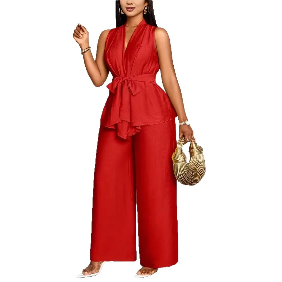 Sleeveless V Neck Set Wide Leg Sweet and Fresh with Asymmetrical Hem Spring Autumn Full Length Asymmetrical Bohemian Women Sets