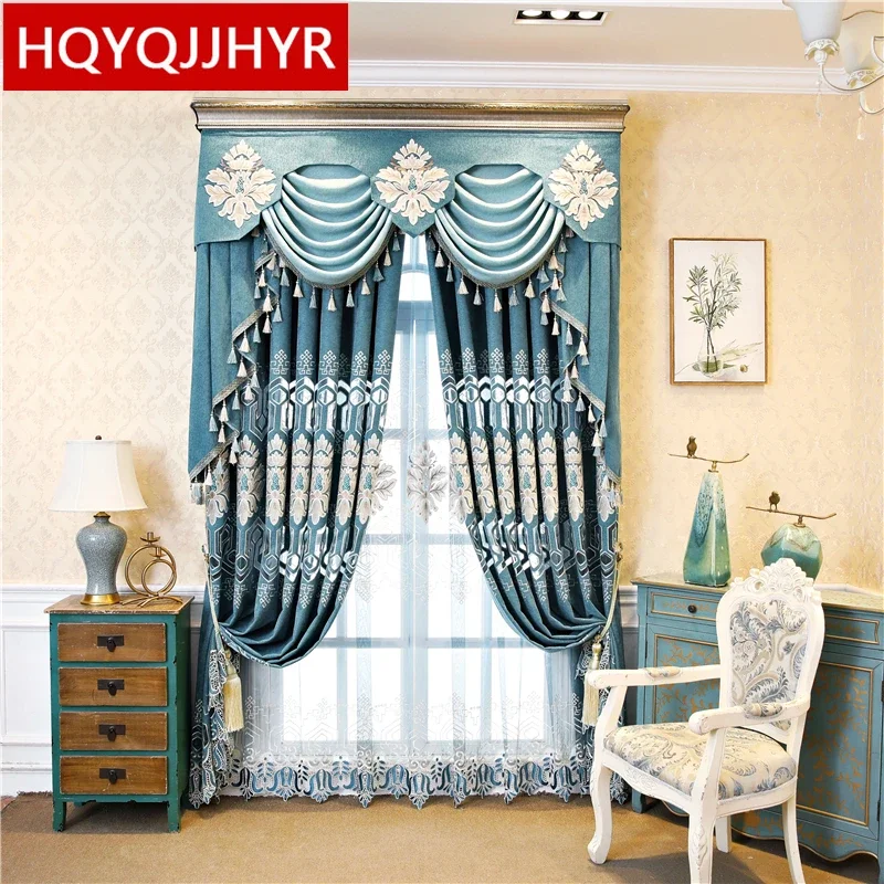 European style luxury decorative villa curtains for living room high quality elegant blue curtains for bedroom hotels kitchen