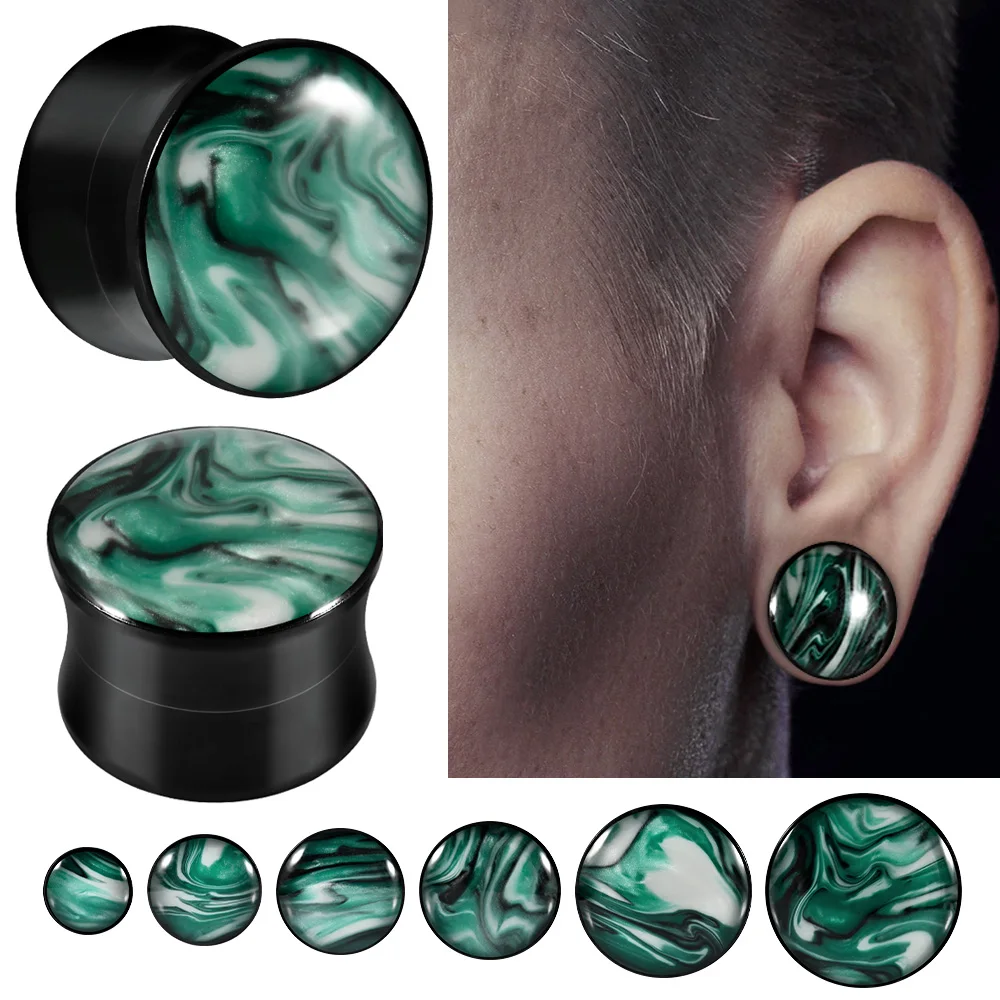 1PC Stainless Steel Green&Black&White Stone Ear Expanders Gauges Solid Waist Drum Ear Plugs Tunnels Body Piercing Jewelry 6-16mm