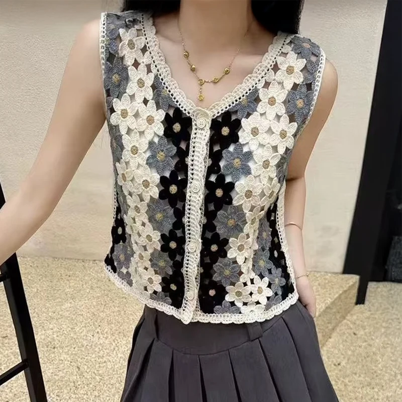 

Женский вязаный крючком жилет с цветочной вышивкой, топ, летний пляжный кардиган, ажурный вязаный жилет с изображением ромашки, шикарный наряд в стиле бохо для отпуска