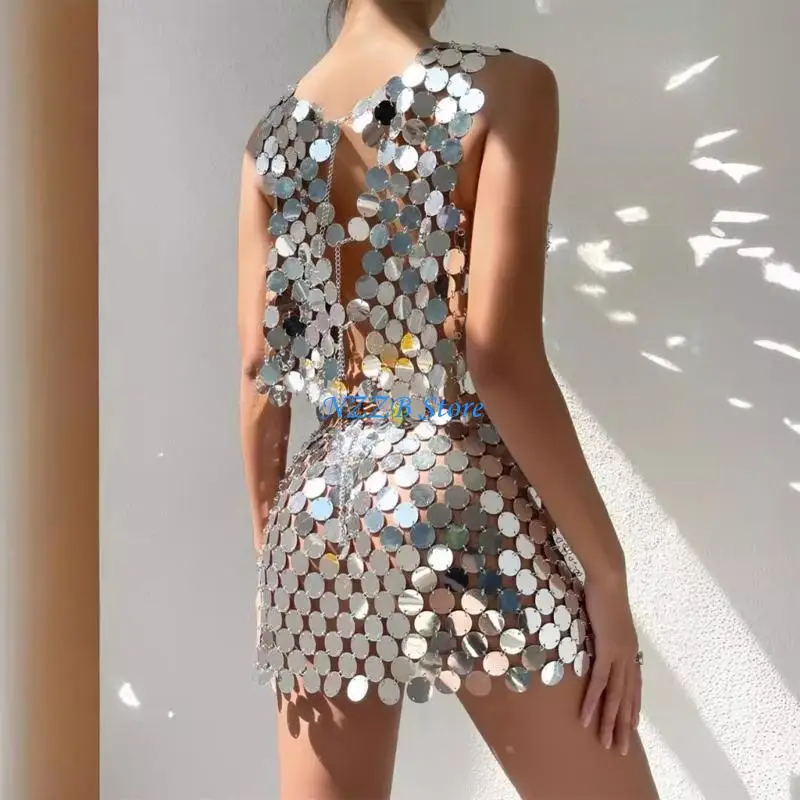 

T21F Sparkling Sequined Sleeveless Crop Tanks Top and Waist Chain Skirt Set Body Chain Jewelry Accessories for Festival Wear