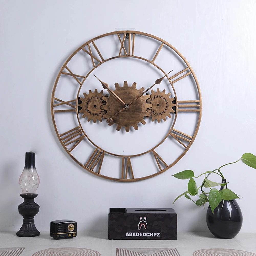 

60CM Large 3D Wall Clock Roman Numerals Retro Round Metal Iron Accurate Silent Nordic Living Room Home Decoration Hanging Watch