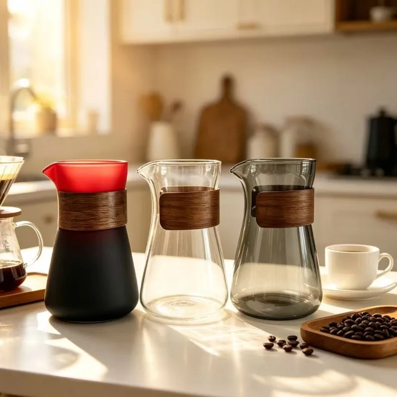 1/2 Pcs Glass Coffee Carafe with Heat-Resistant Wood Collar,High Heat Resistance Borosilicate Coffee Decanter,Mess-free Pouring
