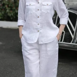 نسائي أنيقة طية صدر السترة رقبة كم طويل قميص السراويل مجموعات 2 قطعة أزياء الخريف ملابس العمل الصلبة السراويل بدلات رياضية أفضل 12 مجموعة اجتماعية للمبيعات والبلوزات - No5