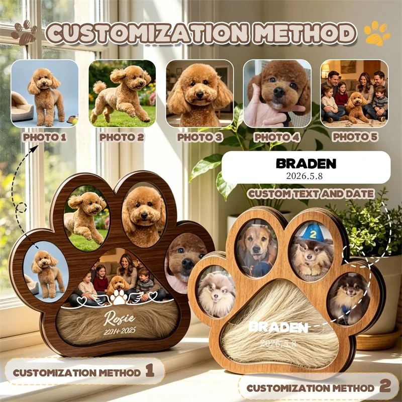 Personalized Wooden Pet Memorial Box Custom Pet Fur Keepsake Box with Photo Frame Box for Pet Ashes Paw Print Sympathy Loss Gift
