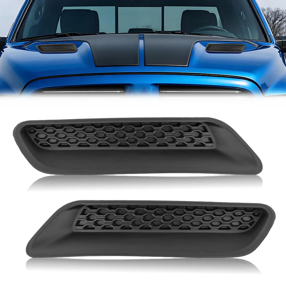 2PCS Black Front ABS Plastic Hood Bezel Vent Insert Grill Cover For 2010 Dodge Ram 1500 2011-2018 Ram 1500 2019 Ram 1500 Classic