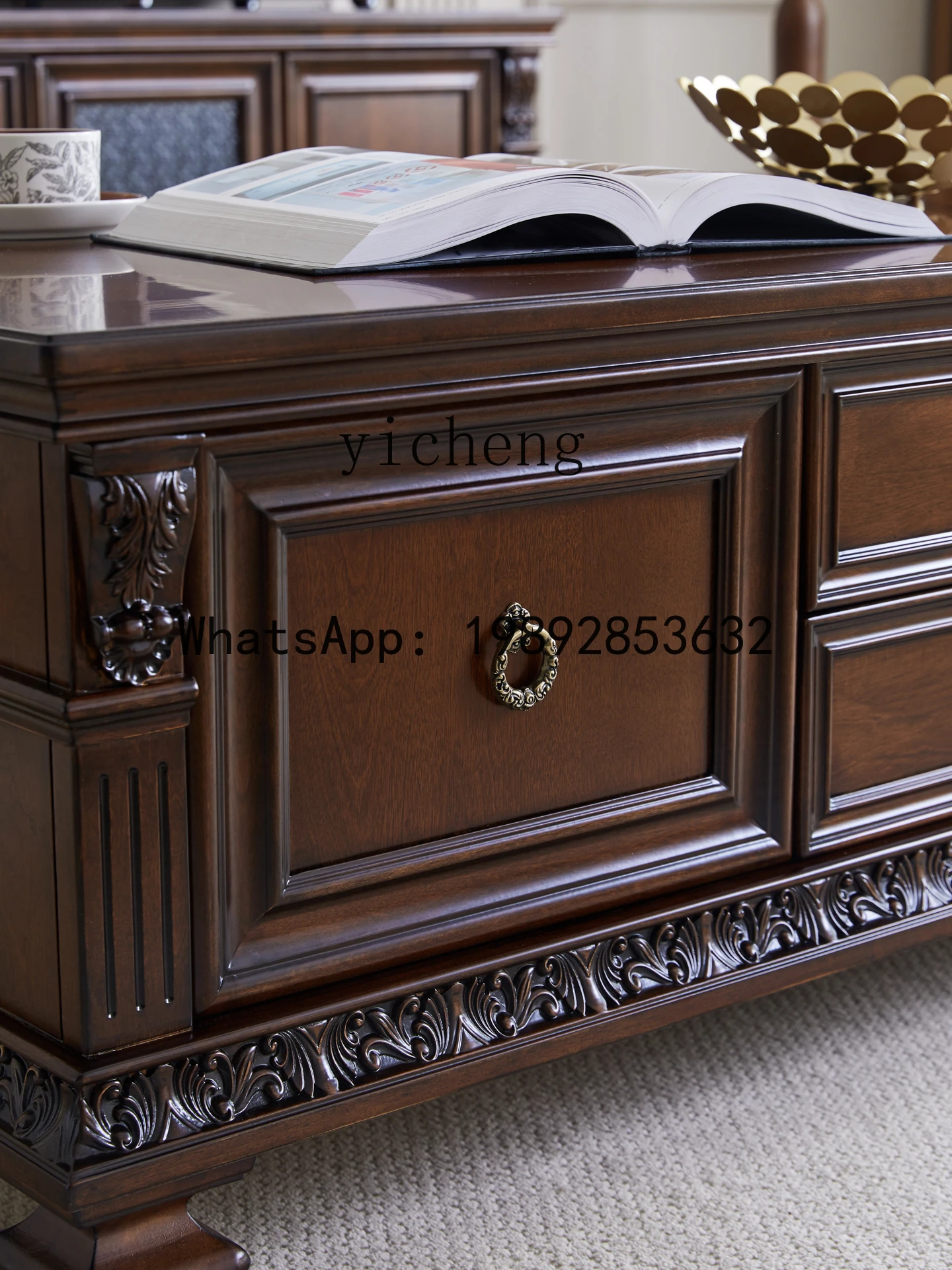American Country Style Solid Wood Carved Light Luxury Multi-Drawer Living Room Furniture Set