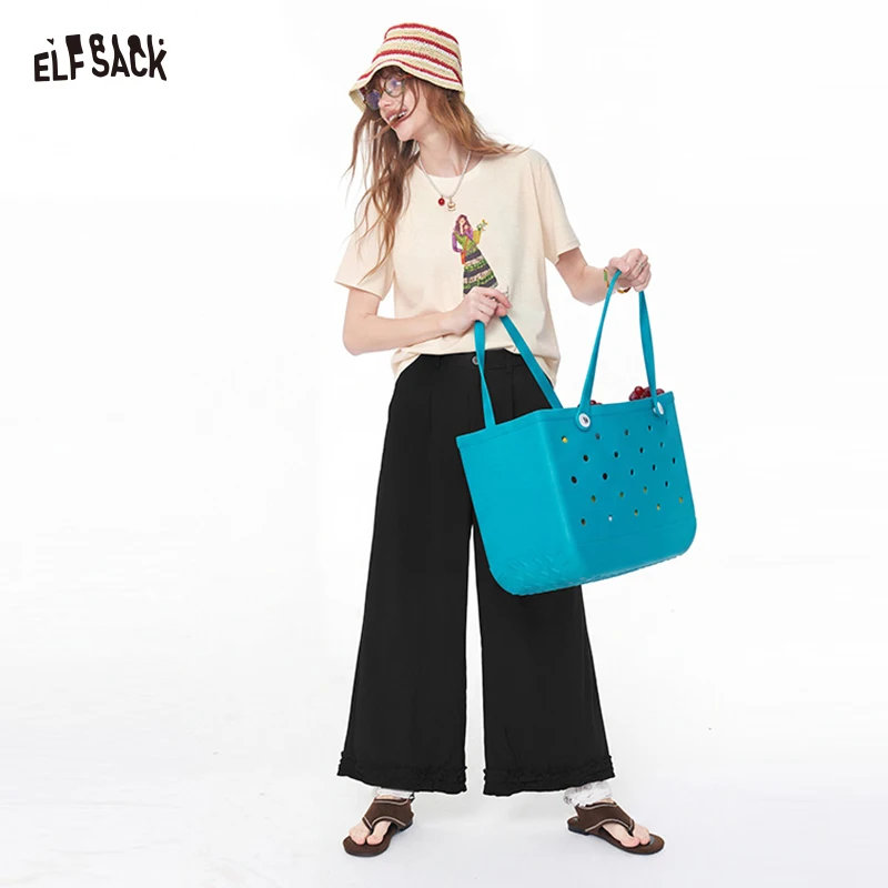 

ELFSACK Women's High Waist Lace Trim Wide Leg Pants, Casual Solid Color Straight Leg Trousers, Elegant Office Bottoms with Lace