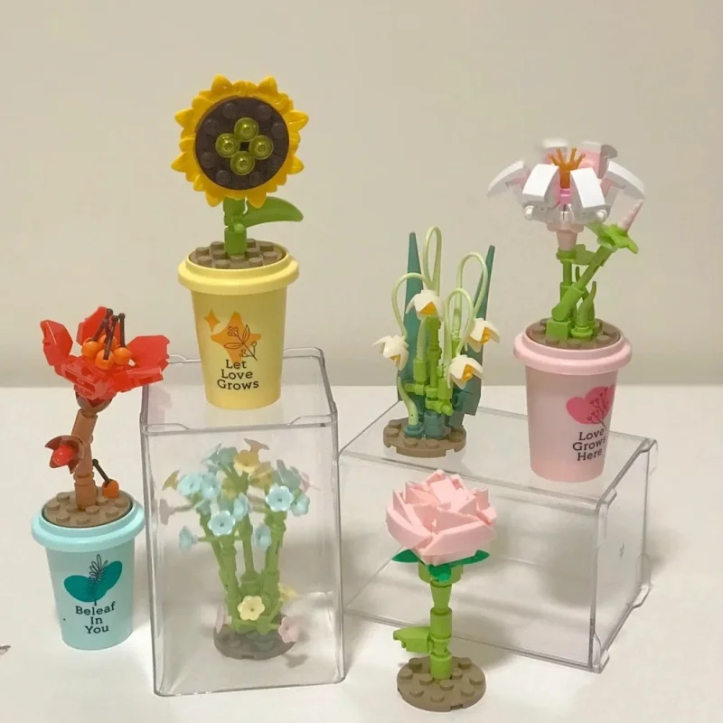 JAKI DIY MOC Potted Plants Vase Cup Succulents Cactus Gypsophila Mountain Lotus Decorate Building Blocks Sets Kits Toys