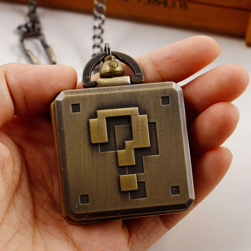 Retro  Question Mark Design Pocket Watch Creative Square Box Cool Bronze Steampunk Necklace Mens with Chain