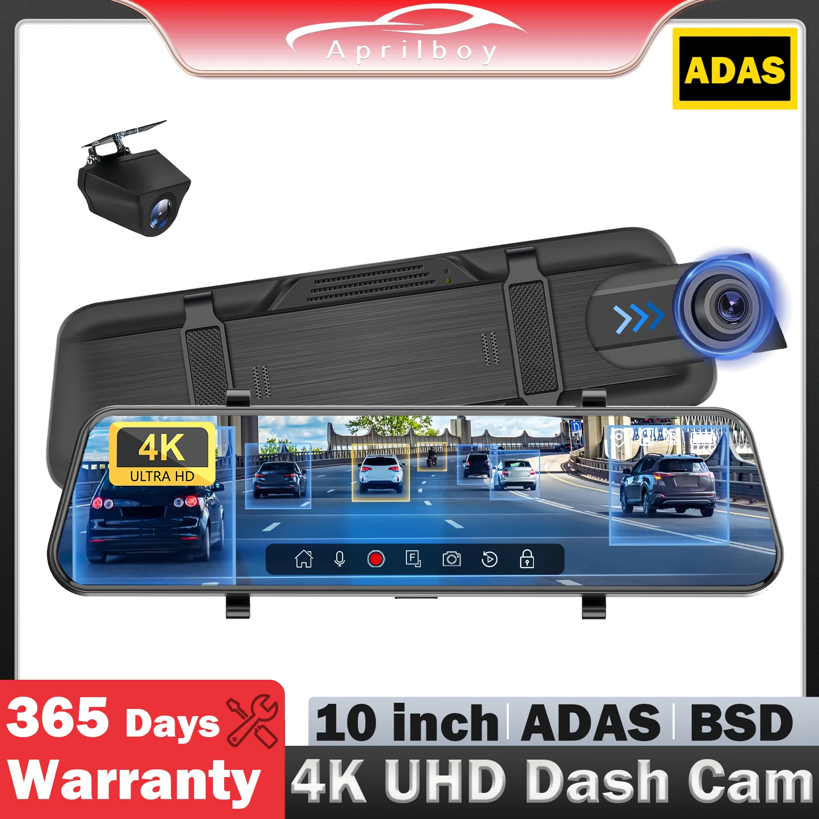 Aprilboy 4K Car Dash Cam Built-in Smart Driving ADAS & BSD WiFi G-Sensor with APP Control Night Vision 24 Hours Parking Monitor