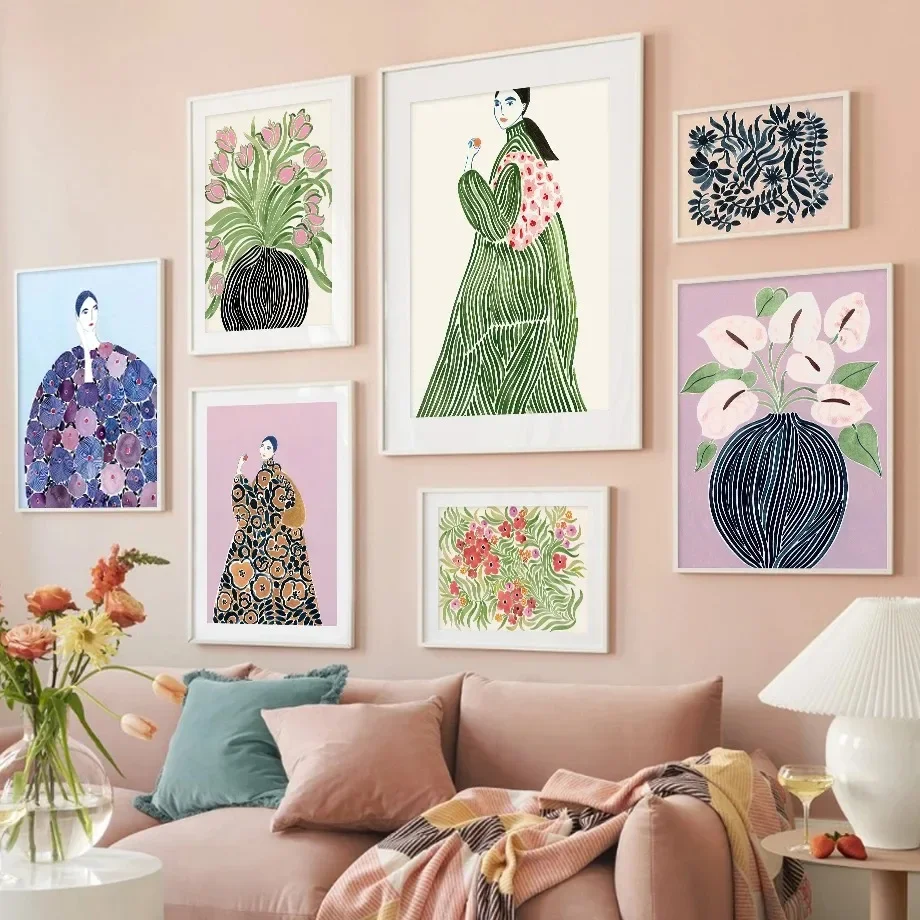 Flower Light Green Abstract Poster Aesthetics Prints Tulip Violets Vase Woman Coat Wall Art Painting on Canvas Living Room Decor