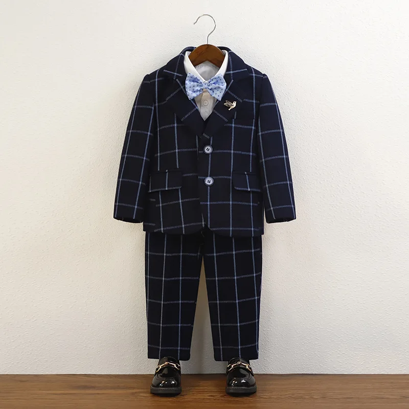 

Kids Birthday Party Suit Boys Formal Wedding Tuxedo Children Blue Plaid Jacket Vest Pants Bowtie 4PCS Luxurious Photograph Dress