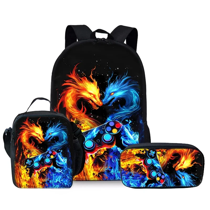 Burning Flame Game Controller Three Piece Set Backpacks for Boy and Girls Best Gifts 2D Cartoon School Backpack for Children