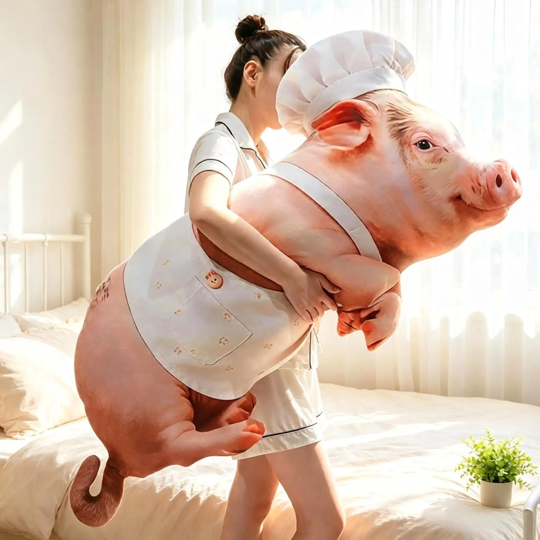 Sexy Simulation Pig Plush Pillow Denim Lace Chef Outfit Stuffed Doll Soft Comfortable Sleeping Cuddle Cushion Bedroom Sofa Decor