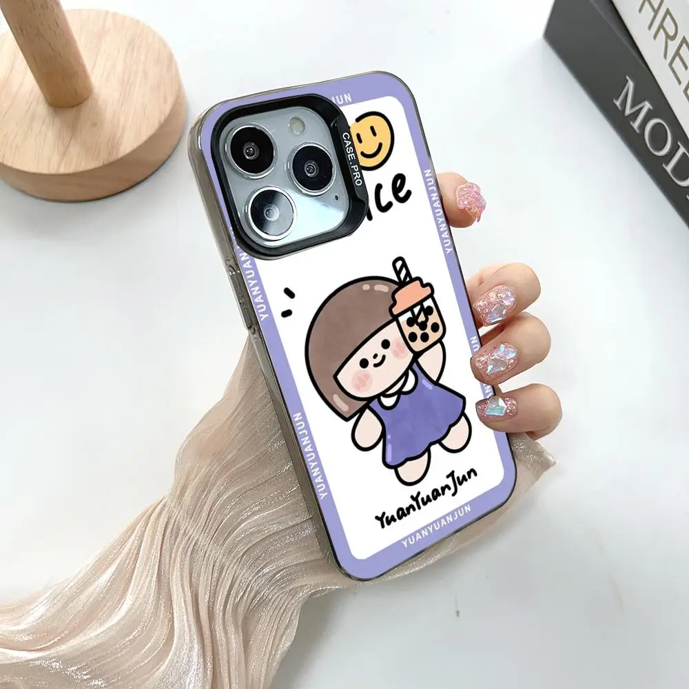 Cute Cartoon Girl Drinking Milk Tea MINISO Mouse Pad Silver Popular In Korea Wholesale Case For IPhone 16 15 14 13 12 Pro XR Sh