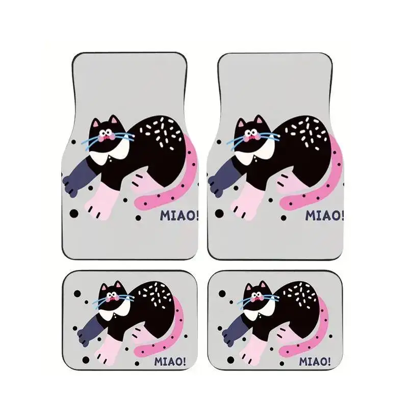 

4Pcs Cute Black Cat Print Car Floor Mats Non-Slip Waterproof Universal Foot Pads Auto Interior Decoration Suit Sedan SUV Truck