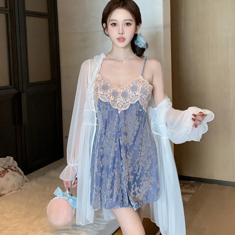 Mesh Nighty&Robe Set Nightgown Sexy Lace Nightgown Lingerie Summer Women Sleepwear Nightdress Rayon Homewear