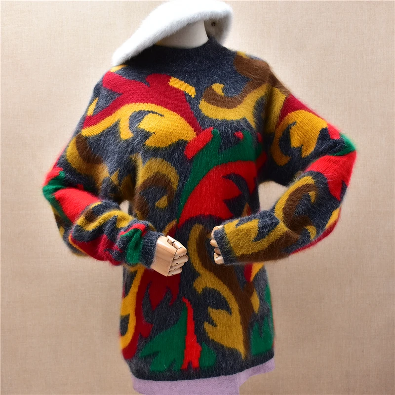 

Ladies Women Autumn Winter Fashion Colored Hairy Angora Rabbit Hair Knitted O-Neck Long Sleeves Loose Pullover Sweater Jumper